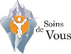Logo avec texte du cabinet Soins de Vous Lausanne - iceberg et personne au centre d'une boussole orange